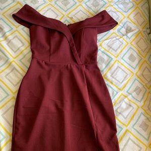 A red off the shoulder dress